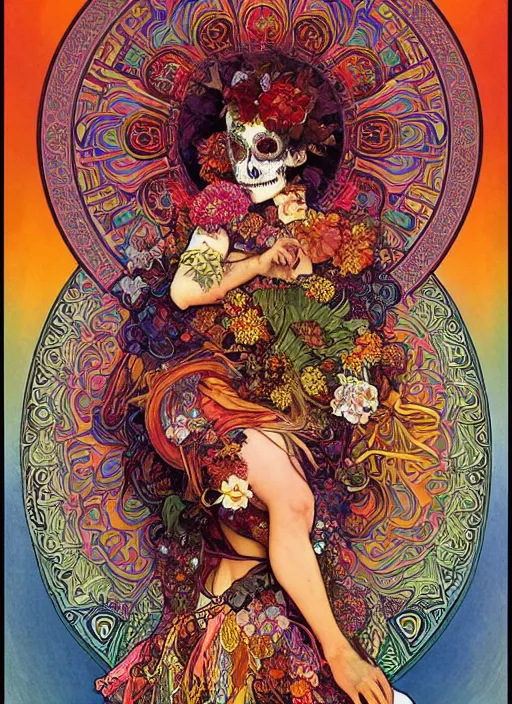 Prompt: realistic detailed psychedelic poster art of a cute fractal Día de los Muertos girl dancing by Victor Moscoso Rick Griffin Alphonse Mucha Ayami Kojima Amano Charlie Bowater, masterpiece