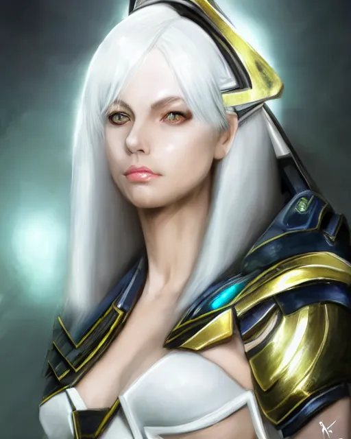 Image similar to perfect white haired attractive egyptian goddess, warframe armor, beautiful, symmetric, dreamy, half asian, pretty face, green eyes, charlize theron, detailed, scifi platform, laboratory, experiment, 4 k, ultra realistic, epic lighting, android body, illuminated, cinematic, masterpiece, art by akihito tsukushi, voidstar