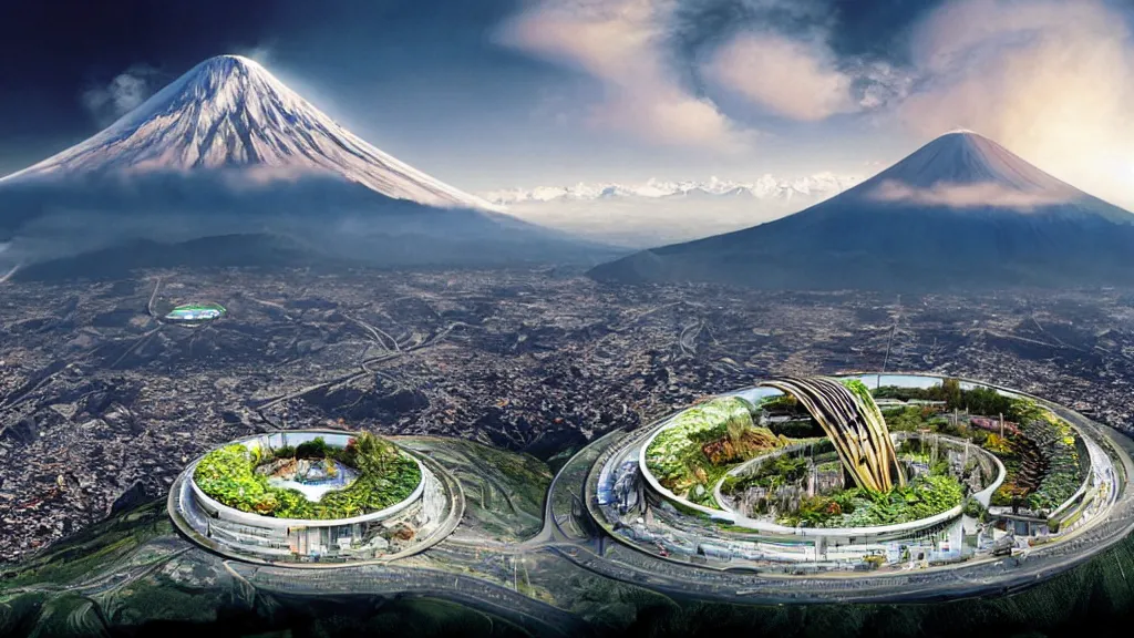 Image similar to Nuclear; Mountain, Nature, City; Harmony; Quito, Ecuador; by Oswaldo Moncayo and Vincent Callebaut; Art Direction by James Cameron;