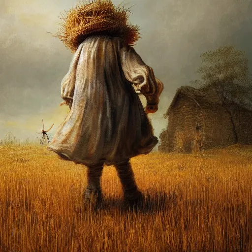 Prompt: breathtaking detailed soft painting of children seeing seeing a scarecrow in a field of wheat rembrandt style, elegant, highly detailed, artstation, concept art, matte, sharp focus,