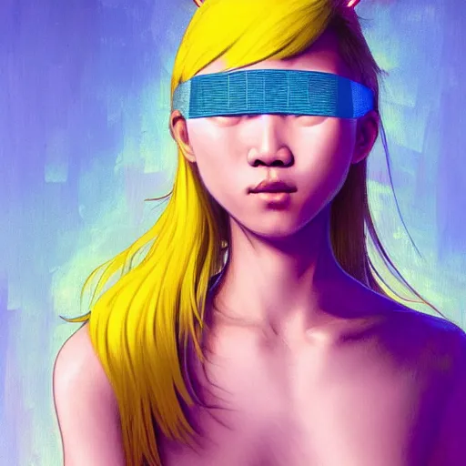 Image similar to filipino cute girl blue - yellow hair, nasal strip, broken nose, cyborg nose, glowing hair, intricate, elegant, highly detailed, my rendition, digital painting, artstation, concept art, smooth, sharp focus, illustration, art by artgerm and greg rutkowski and alphonse mucha and uang guangjian and gil elvgren and sachin teng