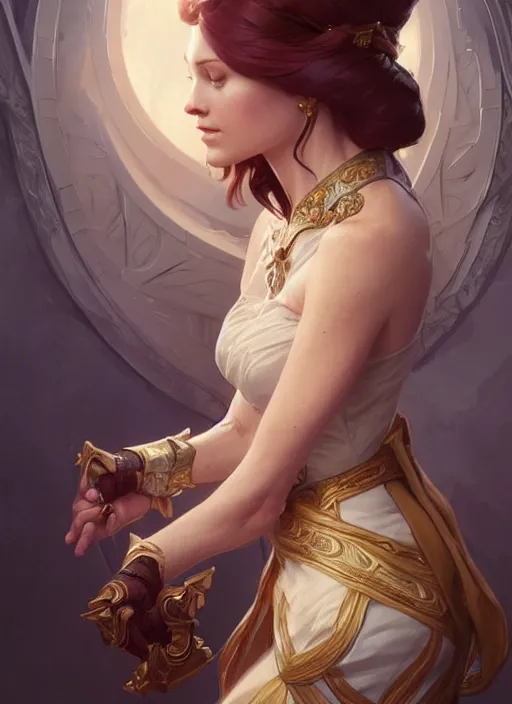 Image similar to anna, d & d, fantasy, intricate, elegant, highly detailed, digital painting, artstation, concept art, matte, sharp focus, illustration, hearthstone, art by artgerm and greg rutkowski and alphonse mucha