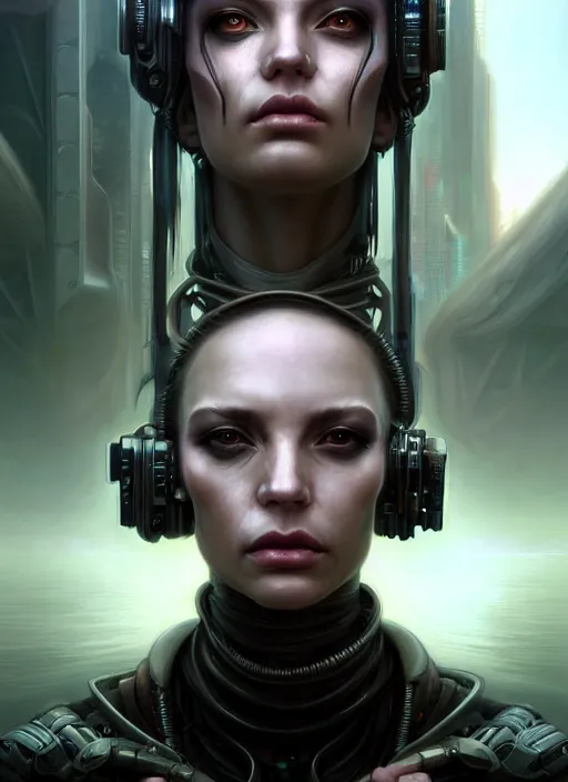 Image similar to closeup portrait shot of a cyberpunk female in a scenic dystopian environment, intricate, elegant, highly detailed, centered, digital painting, artstation, concept art, smooth, sharp focus, illustration, artgerm, tomasz alen kopera, peter mohrbacher, donato giancola, joseph christian leyendecker, wlop, boris vallejo