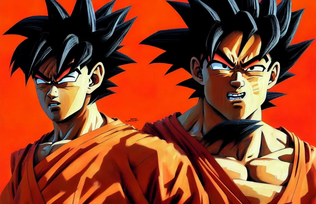 Image similar to portrait of son goku!!!!!!!!!!!!!!!!!!!!!!!!!!!, detailed face, detailed painting,, epic lighting, by ilya repin, phil hale and kent williams