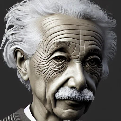 Prompt: portrait ethereal biomechanical android albert einstein with incredible technological hair, masterpiece crystalline incrustations, hyper - detailed face, elegant posed, intricate, octane render, cinematic lighting, cgsociety, unreal engine,