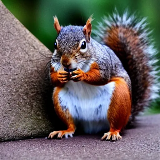 Image similar to squirrel, obese, with the face of walter white, eating nuts,