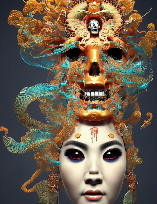 Prompt: 3 d goddess close up profile portrait with skull. beautiful intricately detailed chinese peking opera mask and clasical chinese cheongsam. betta fish, jellyfish phoenix, bio luminescent, plasma, ice, water, wind, creature, artwork by tooth wu and wlop and beeple and greg rutkowski