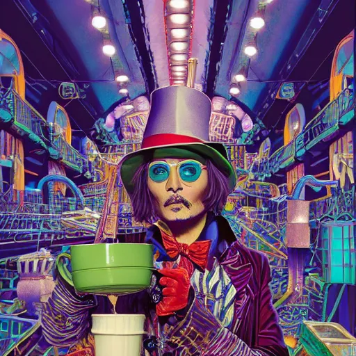 Prompt: Johnny Depp is covered in a blanket and drinking tea in Willy Wonka's Chocolate Factory, Illustration, Colorful, insanely detailed and intricate, super detailed, by Beeple