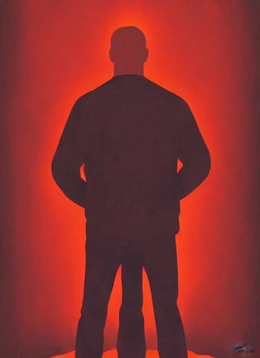 Prompt: Twin Peaks poster artwork by Michael Whelan and Bob Larkin, of portrait of Joe Rogan in red flannel, spotlight from the sky shining on him, from scene from Twin Peaks, clean, simple illustration, nostalgic, domestic