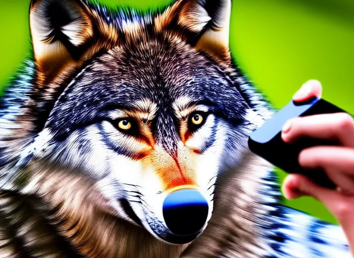 Prompt: portrait of a wolf using a phone, playing games, realistic photograph, high quality, 4 k, full shot