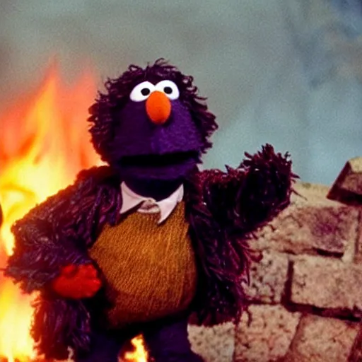 Image similar to “film still of Bert from Sesame Street throwing the one ring into the fires of Mount Doom, directed by Peter Jackson”