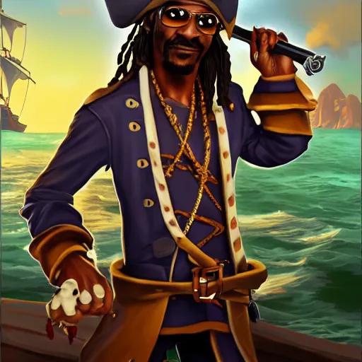 Image similar to Snoop dogg as a pirate in the game Sea of thieves, digital art, trending on artstation