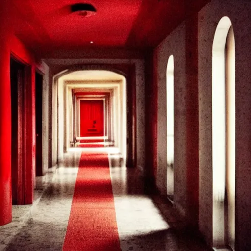 Prompt: a vintage hotel hallway with a red door at the end, dimly lit, surreal, dark, liminal,