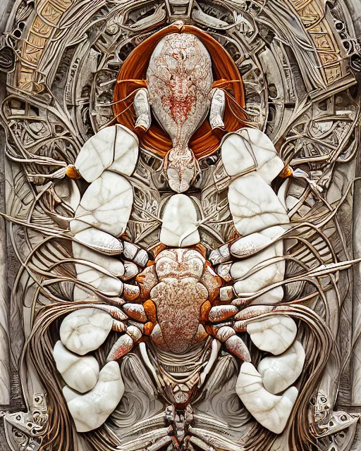 Image similar to symmetry, white marble, white marble bas relief sculpture, kintsugi, feminine shapes, crabs, spiders, scorpions, tarantulas, stunning, art by hr geiger and ridley scott and alphonse mucha and josephine wall, highly detailed, intricately detailed, art nuevo, octane, 8 k, hdr, trending on artstation