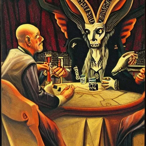 Image similar to baphomet plays poker with Aleister Crowley