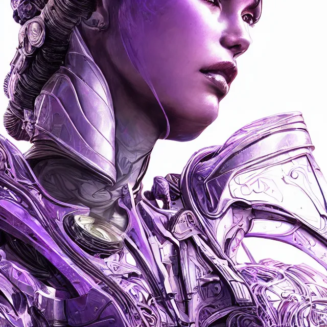 Image similar to close up portrait of a woman in powerful purple sci - fi armor with a black ponytail, elegant, stoic, intense, ultrafine hyperdetailed illustration by kim jung gi, irakli nadar, intricate linework, sharp focus, bright colors, octopath traveler, final fantasy, unreal engine 5 highly rendered, global illumination, radiant light, detailed, intricate environment