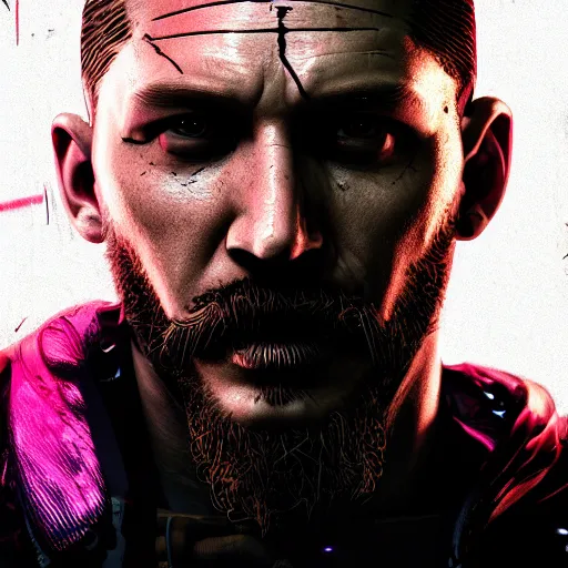 Image similar to tom hardy portrait, cyberpunk 2 0 7 7, cyberpunk, photorealistic, ultra detailed, neon, octane, bokeh, cinematic lighting, cyber, cyberpunk city, studio quality, feature, scars, cyberface, 8 k