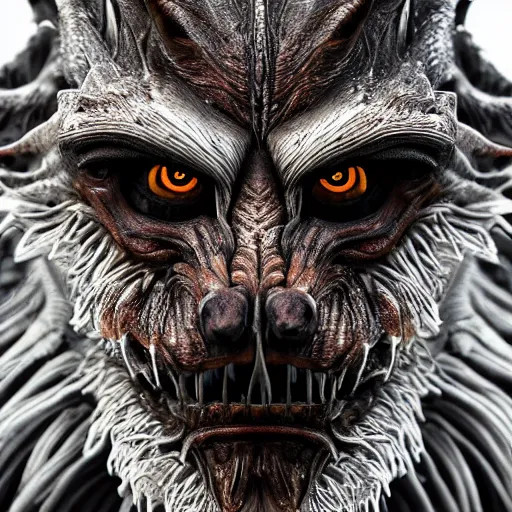 Image similar to photo taken of an epic intricate, ultra detailed, super realistic gritty, terrifying, lifelike bust sculpture of a werewolf creature design, created by weta workshop, zoomed in shots, photorealistic, sharp focus, white wall coloured workshop, cold colour temperture, f 0. 4, face centred