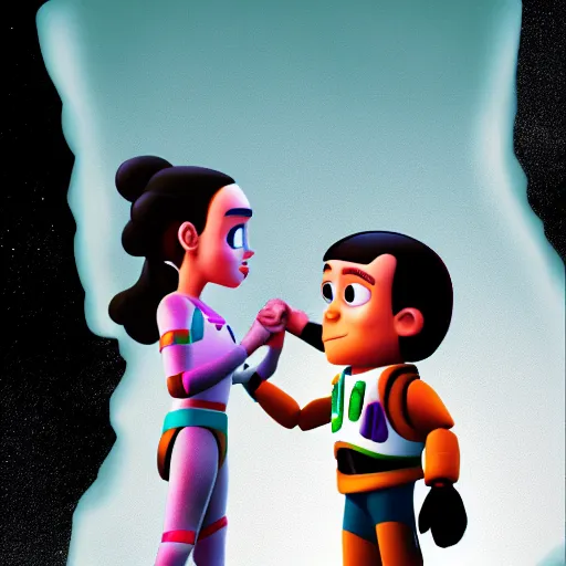 Prompt: rey skywalker holding hands with buzz lightyear, digital art, tending on artstation