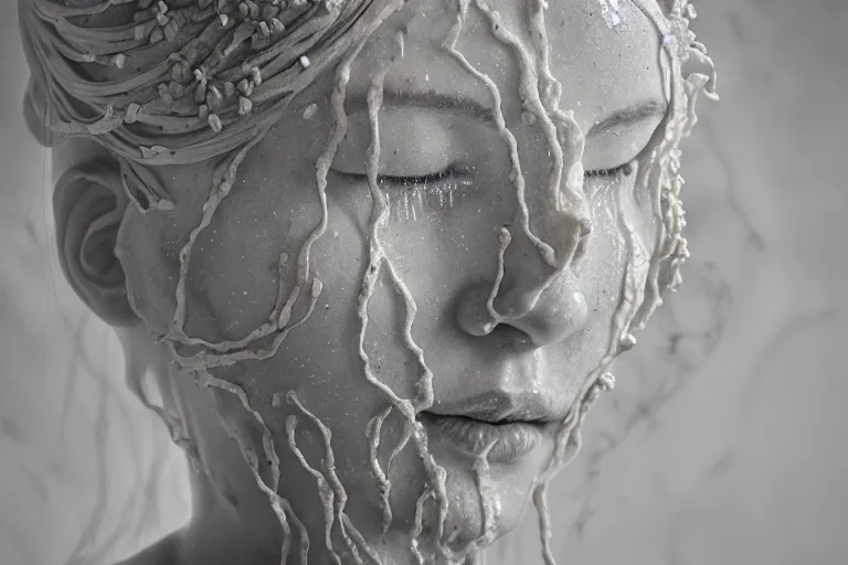 Image similar to the medium shot of sculpture of a beautiful woman with flowing tears, fractal flowers on the skin, intricate, a marble sculpture by nicola samori, behance, neo - expressionism, marble sculpture, made of mist, still frame from the prometheus movie by ridley scott with cinematogrophy of christopher doyle, arri alexa, anamorphic bokeh, 8 k