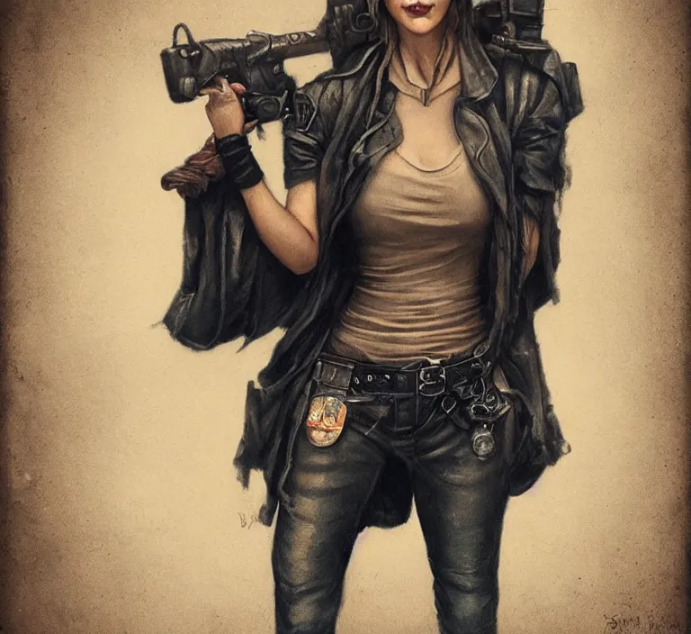 Prompt: a rugged and sarcastic female cop in the style of tom bagshaw