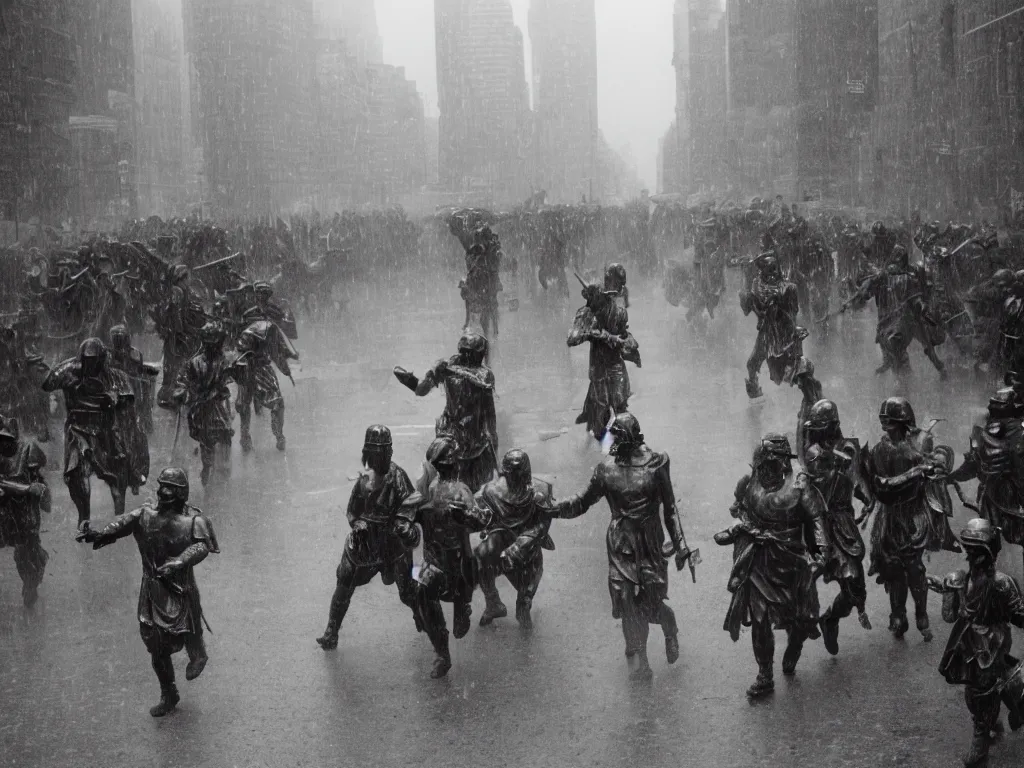 Image similar to column of roman soldiers in rain attacking in New York city