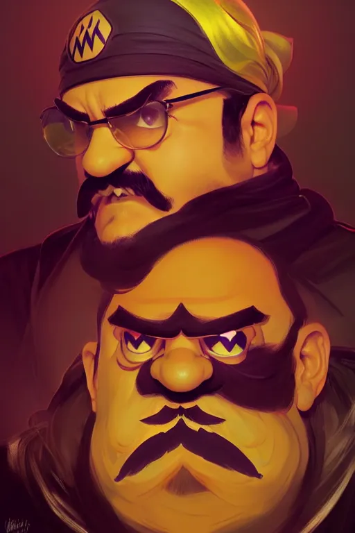 Prompt: a portrait of wario from mario bros., fantasy, sharp focus, intricate, elegant, digital painting, artstation, matte, highly detailed, concept art, illustration, ambient lighting, art by ilya kuvshinov, artgerm, alphonse mucha, and greg rutkowski