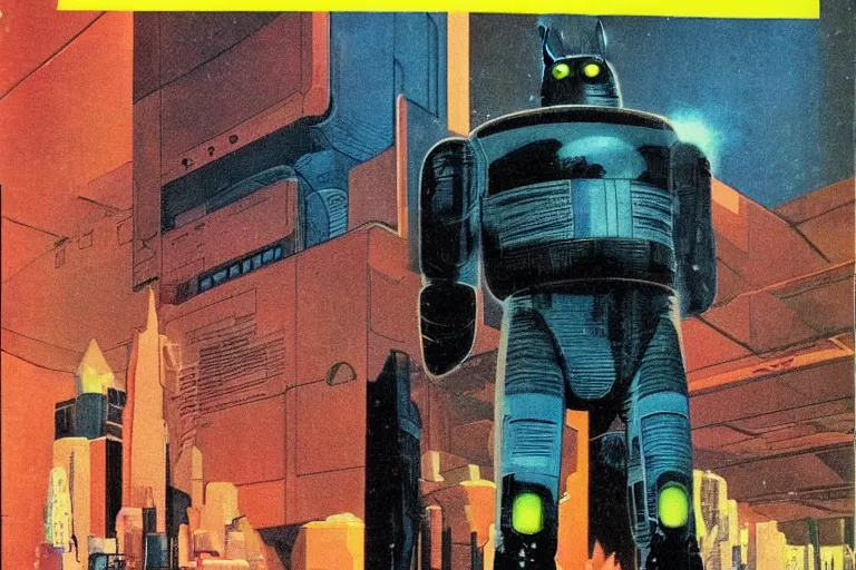 Image similar to 1979 OMNI Magazine Cover depicting a creepy angry imposing Android in the middle of a large room. Cyberpunk Akira style by Vincent Di Fate