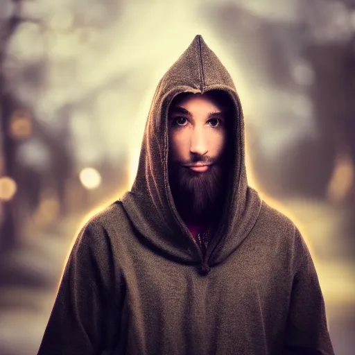 Prompt: portrait of a mysterious wizard with a Hood, bright eyes, fantasy, bokeh, magic lights, cinematic