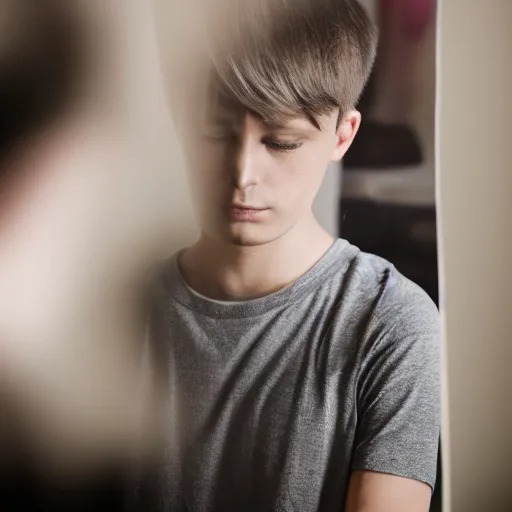 Image similar to young man looking deeply into a mirror, portrait studio, taken with canon eos, f 1. 4, soft diffused light, iso 2 0 0,