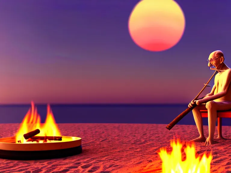 Prompt: gandhi sitting on a beach next to a campfire, holding a cigar, sunset, parrots, flamingos, coconuts, palm trees, highly detailed, digital art, hyper realistic, beautiful, 8 k, trending on deviantart, hyper detailed, glorious lighting, epic environment,