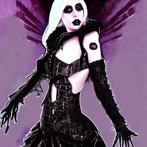 Prompt: gothic lady gaga character art, epic background, epic composition, hdr, full body gauche painting, arcane art style