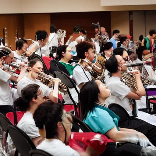 Image similar to doctors playing music with instruments made out of clear tubing, syringes, urine collection bag, iv pole, fluid bag, nebulizer equipment, bag - valve mask, intubation equipment, speculum, defibrillator, coban, flexiseal, picc dressing. capacity crowd at concert in surgical theater.