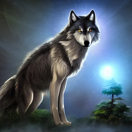 Image similar to a wolf made out of clear crystal with moon shining through it, fantasy art, high definition, lens flares