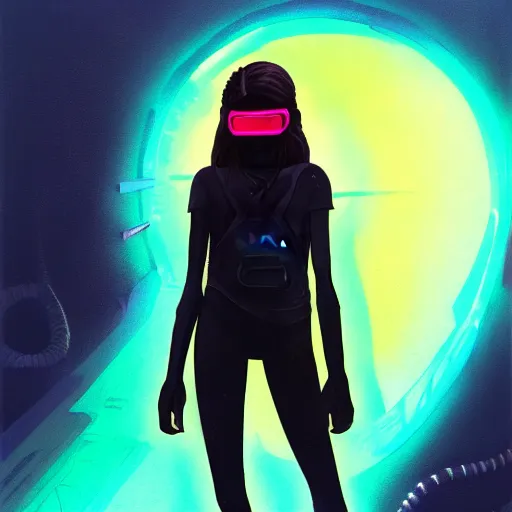 Image similar to zendaya wearing opaque reflective goggles profile picture by Greg Rutkowski, brown skin, very long hair, dune, asymmetrical, futuristic, neon volumetric lights, cool colors, streetwear, studio ghibli, Organic Painting , Matte Painting, geometric shapes, hard edges, street art, trending on the artstation, fantasy LUT, realistic by Sachin Teng + Martin Grip + Moebius, techwear, Industrial Scifi, detailed illustration, character portrait, blurred background