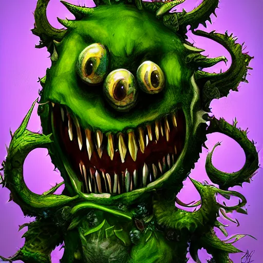 Image similar to Plant monster with a menacing smile and amber teeth, green body, semi realistic, trending on art station