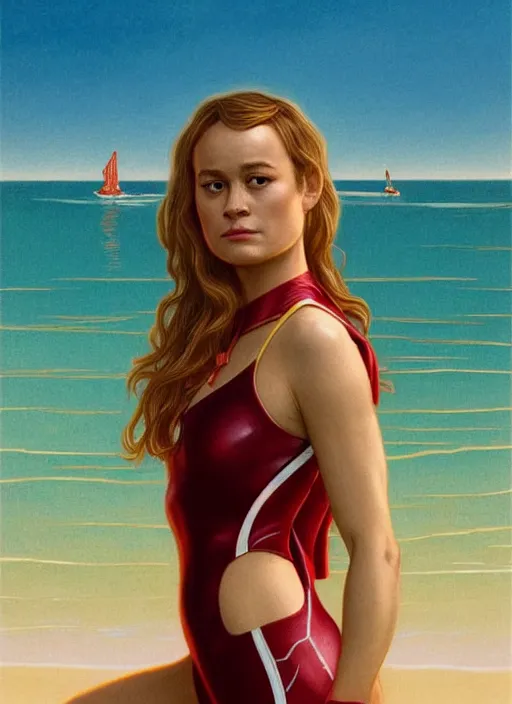 Image similar to portrait brie larson as sea lifeguard on the beach, full length shot, shining, 8k highly detailed, sharp focus, illustration, art by artgerm, mucha, bouguereau