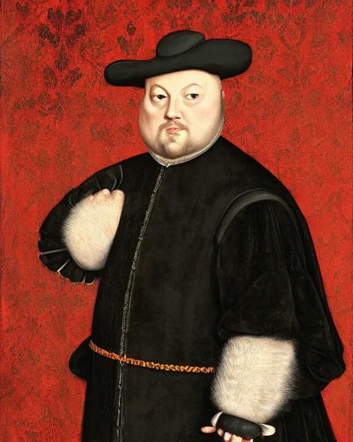 Image similar to fat gray cat with yellow eyes dressed like henry viii, tudor period clothing in scarlet gold and black, hans holbein the younger, greg rutkowski, royal portrait, painting