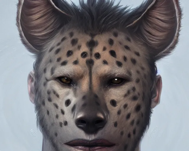 Image similar to A detailed matte oil on canvas head on symmetrical portrait of a man with the head of a hyena wearing heavy armor by Charlie bowater, Lise Deharme, Wlop, trending on artstationhd, dungeons and dragons art, critical role