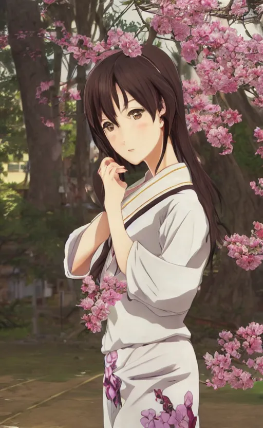 Prompt: anime style, gta 5, portrait of girl, yukata clothing, sakura tree in background, brown short hair, hair down, symmetrical facial features, from arknights, hyper realistic, shoulder eyes, extreme detail, 4 k drawing, safebooru, realistic lighting, by alphonse mucha, greg rutkowski, sharp focus, backlit