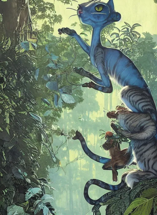 Image similar to a hyper realistic ink cat alien technology and sunbeams blue sky, lush forest foliage painting by chiara bautista and norman rockwell and greg rutkowski weta studio, and lucasfilm