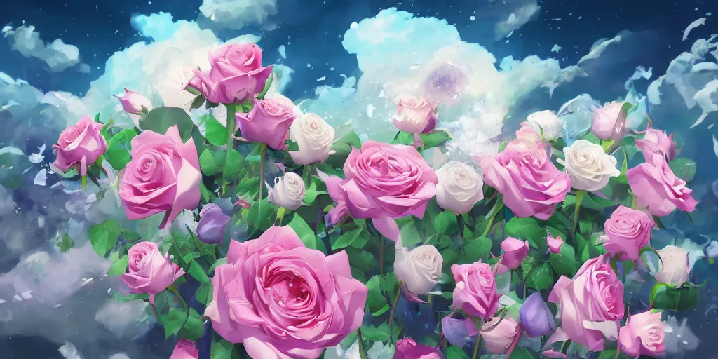 Image similar to background art of magic invisible force blade slicing through a bouquet of white and pink roses, flowers exploding and splattering, big puffy clouds, exploding roses, large rose petals, lotus petals, large polygonal background elements, large polygons, studio ghibli anime, radiant lighting, artgerm, manga, trending on artstation, art nouveau, mature colors