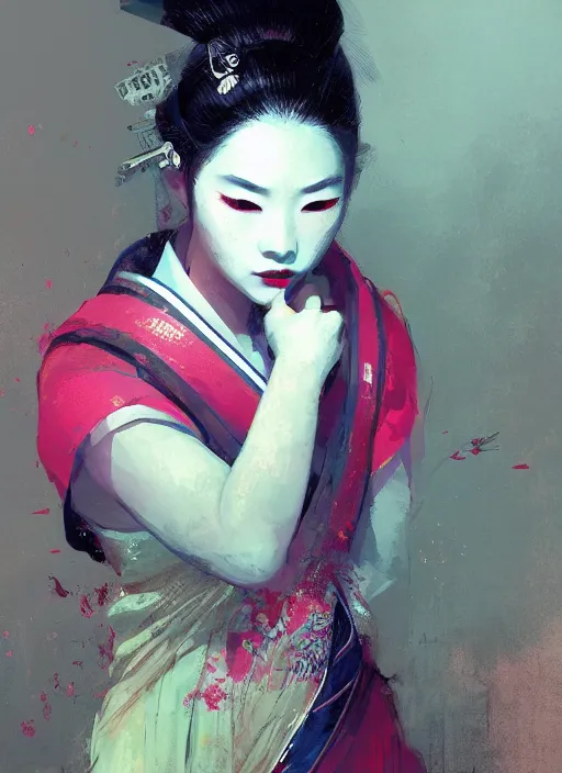 Image similar to female geisha girl, beautiful face, neon, rule of thirds, intricate outfit, spotlight, by greg rutkowski, by jeremy mann, digital painting