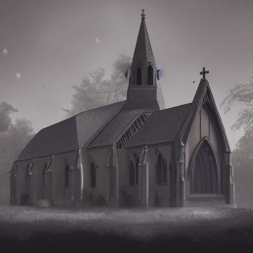 Image similar to victorian church in the middle of the city, dark, misty, at night, 8 k, detailed, concept art, trending on artstation