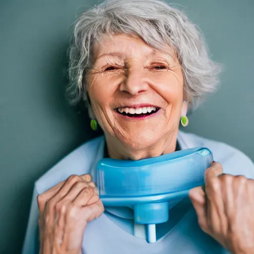 Image similar to an old woman smiling. she has a thin transparent oxygen tubing under her nose