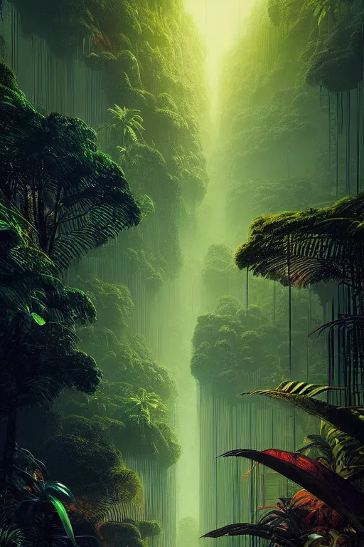 Image similar to a lush jungle arthur haas and bruce pennington and john schoenherr, cinematic matte painting in the style of glitch art, minimal modern pixel sorting, zaha hadid building, photo realism, neon lights, dark moody color palate,