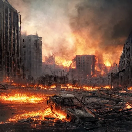 Image similar to the strenght of a horrifying fire in a destroyed dystopian city, very hyperrealistic picture, 4k