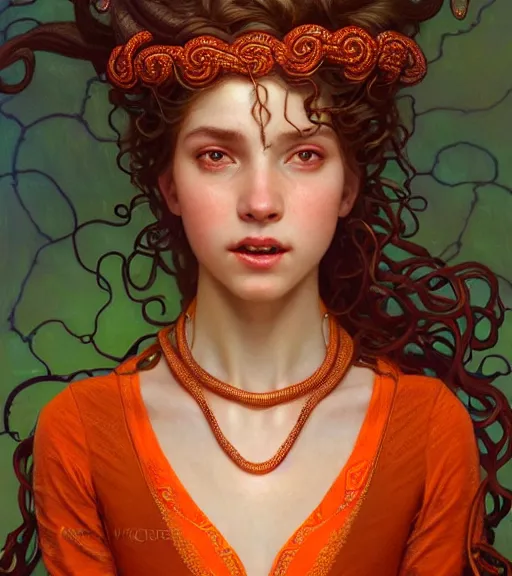 Image similar to portrait of teenage medusa, snake hair, naughty smile, wearing an embroidered orange tunic, intricate, sensual, elegant, copper and emerald jewelry, glowing lights, seductive, highly detailed, digital painting, artstation, concept art, smooth, sharp focus, illustration, art by wlop, mucha, artgerm, and greg rutkowski