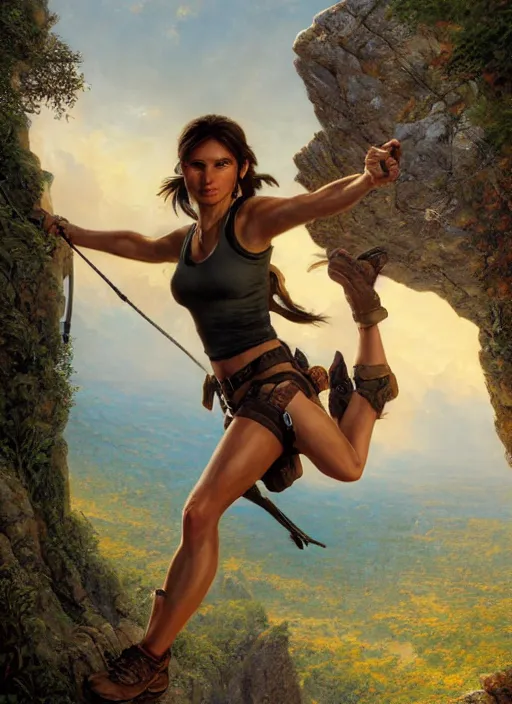 Image similar to Lara Croft climbing a rock, golden hour, Lilia Alvarado, Sophie Anderson, Mark Arian, Bob Byerley, Charlie Bowater, Mark Brooks, Steve Henderson, Justin Gerard, Arthur Hughes, Edward Robert Hughes, Mark Keathley, Victor Nizovtsev, Carlos Shwabe, Ross Tran, WLOP