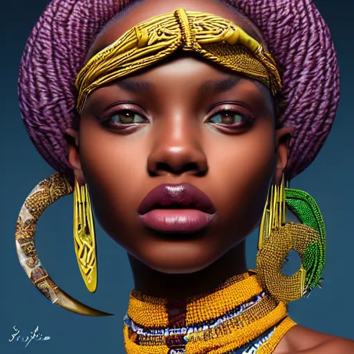 Prompt: A masterpiece portrait of a Incredibly beautiful African girl albino model with nose ring. With big bright rich African jewelry. In African royal gorgeous clothes. Vogue. trending on artstation, digital art, by Stanley Artgerm Lau, WLOP, Rossdraws, James Jean, Andrei Riabovitchev, Marc Simonetti, Yoshitaka Amano
